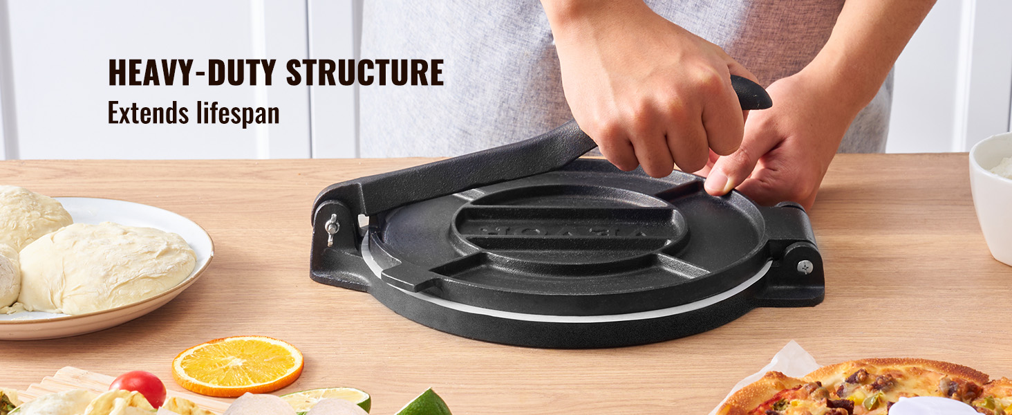 Пресс для тортилій VEVOR, 20 см, з чавуну, для приготування тако, з 100 шт. паперу для випікання, чорний