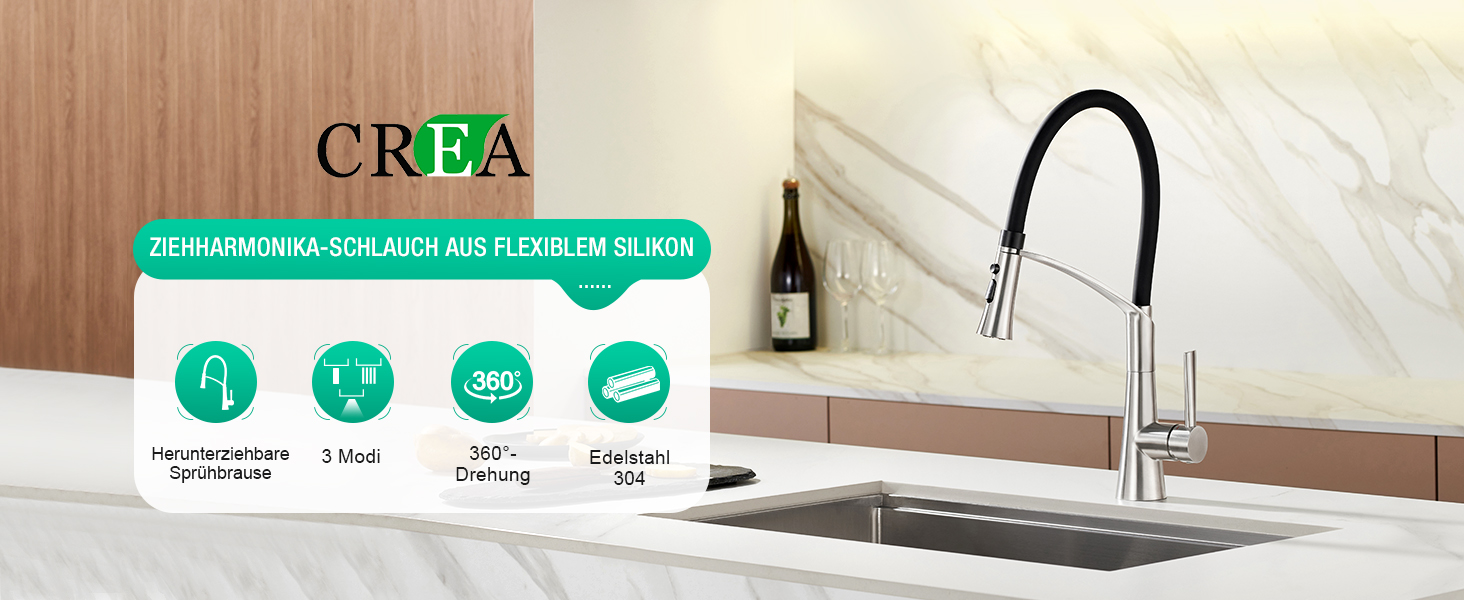 Кран кухонний CREA з 3 функціями: душ, висувна лійка, поворотний вилив, чорний, нержавіюча сталь