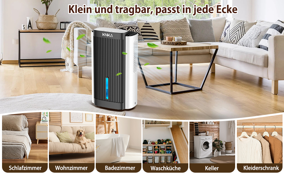 Електричний осушувач повітря KNKA, 1.1 л, тихий (28dB), для дому, ванної кімнати, підвалу, з автовимкненням та нічним режимом, кольорове підсвічування (білий), чорно-білий