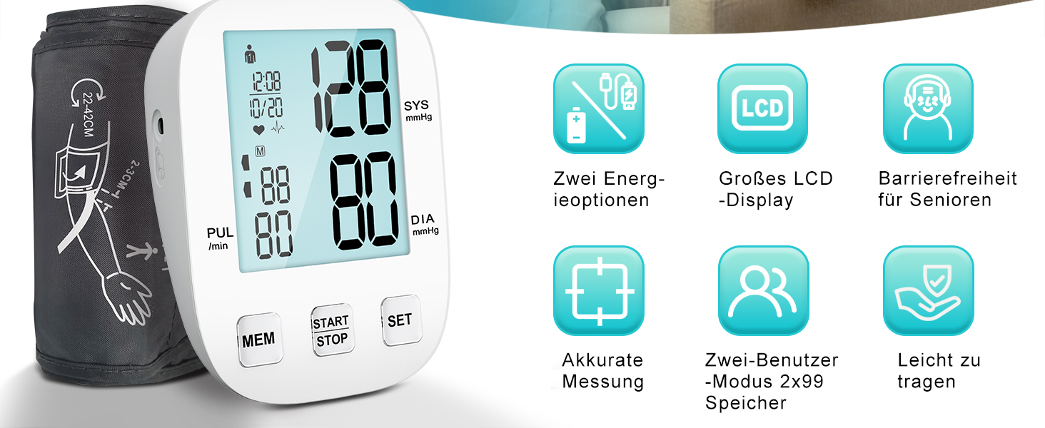 Цифровий тонометр на плече для дому, з регульованою манжетою та підсвічуванням дисплея (для людей похилого віку), білий