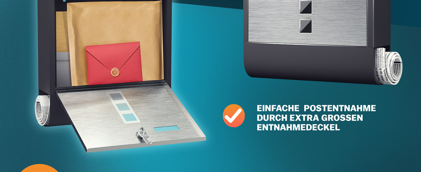 Поштовий ящик Monzana Kreuzschloss з мідним циліндром, поворотна кришка 31x10x34 см, вікно, табличка для імені, відділення для газет, сталь, 2 ключі, чорно-срібний