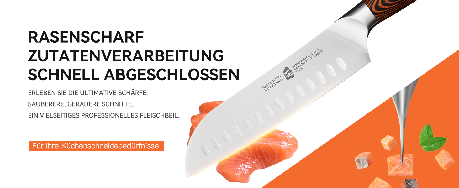 TUO Santoku ніж: професійний японський ніж з нержавіючої сталі, 18 см, ергономічна ручка з паккавуду, серія Fiery Phoenix