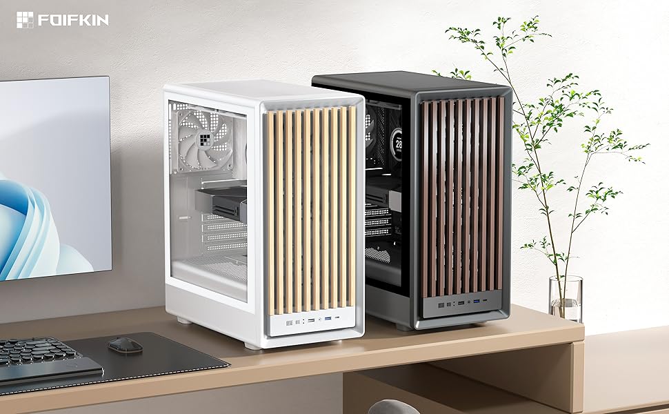 Корпус ПК FOIFKIN M1 з дерев'яною передньою панеллю з горіха, встановлений 4 PWM ARGB вентилятор, Mid-Tower для ігрового ПК, з Type-C, чорний (чорний, M1)