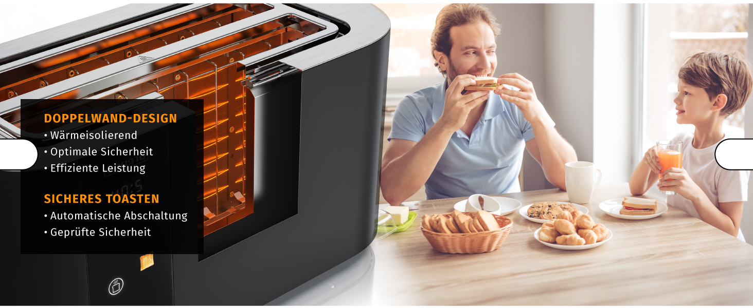 Тостер Arendo з нержавіючої сталі, 4-х секційний, з широкими слотами, сенсорний дисплей, подвійні стінки, 1500 Вт, з підставою для булочок, 6 рівнів підсмажування, центрування хліба, таймер, пам'ять (колір: чорний)