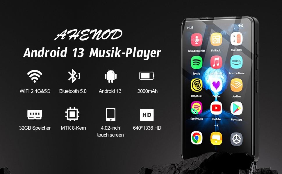 MP3 плеєр 32GB з Bluetooth та WiFi, Android 13, 4.02