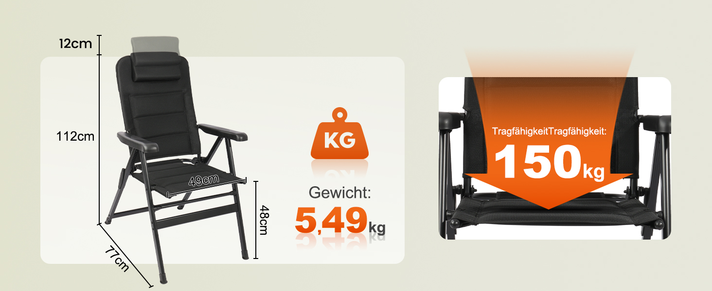 Крісло для кемпінгу Homecall складне, 150 кг, для саду, балкону, риболовлі, чорне, з регульованою спинкою та підлокітниками