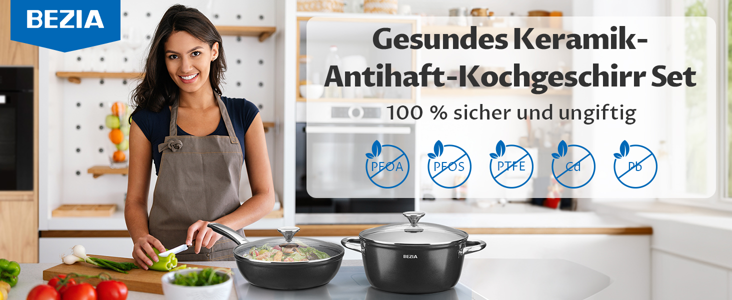 Набір посуду BEZIA індукційний 15 предметів: каструлі та сковороди з керамічним покриттям, кришки в комплекті, антипригарні, для всіх типів плит, без PFAS, легке очищення