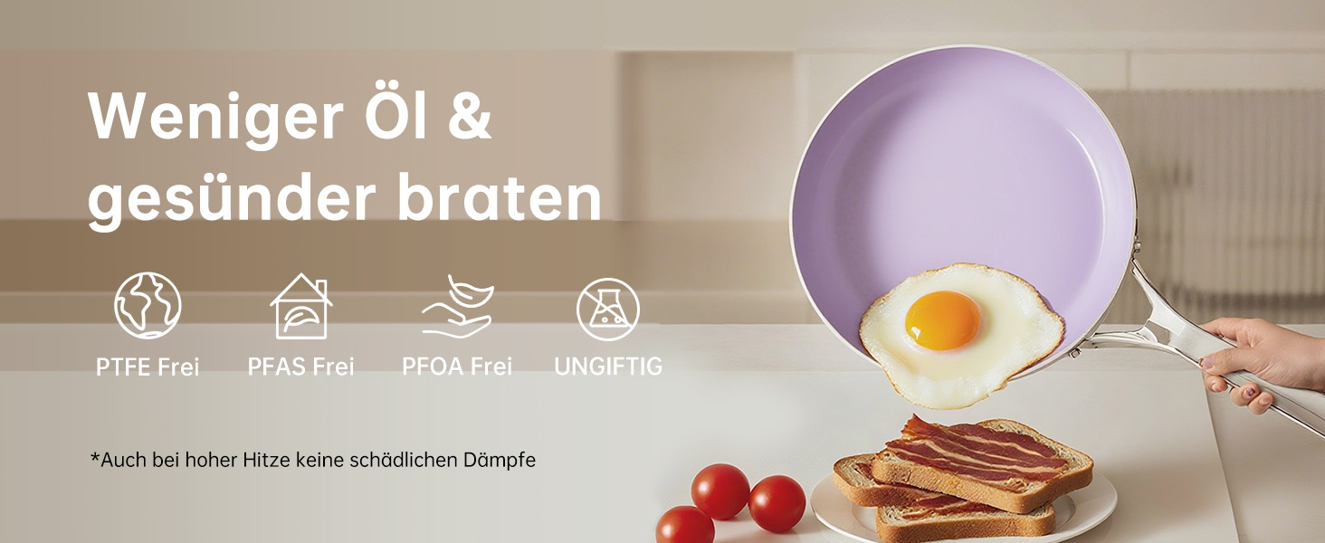 Набір антипригарних сковорідок Tjean з керамічним покриттям (без PTFE, PFOA, PFAS) з нержавіючою ручкою, підходить для індукційних, газових, електричних плит та духовки до 280°C (фіолетовий, 20+24+28 см)