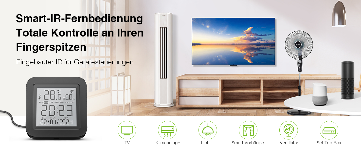 Розумний Wi-Fi термометр-гігрометр GHome Smart з інфрачервоною дистанційною підтримкою, цифровий вимірювач температури та вологості з мобільним додатком, сумісний з Alexa і Google Assistant