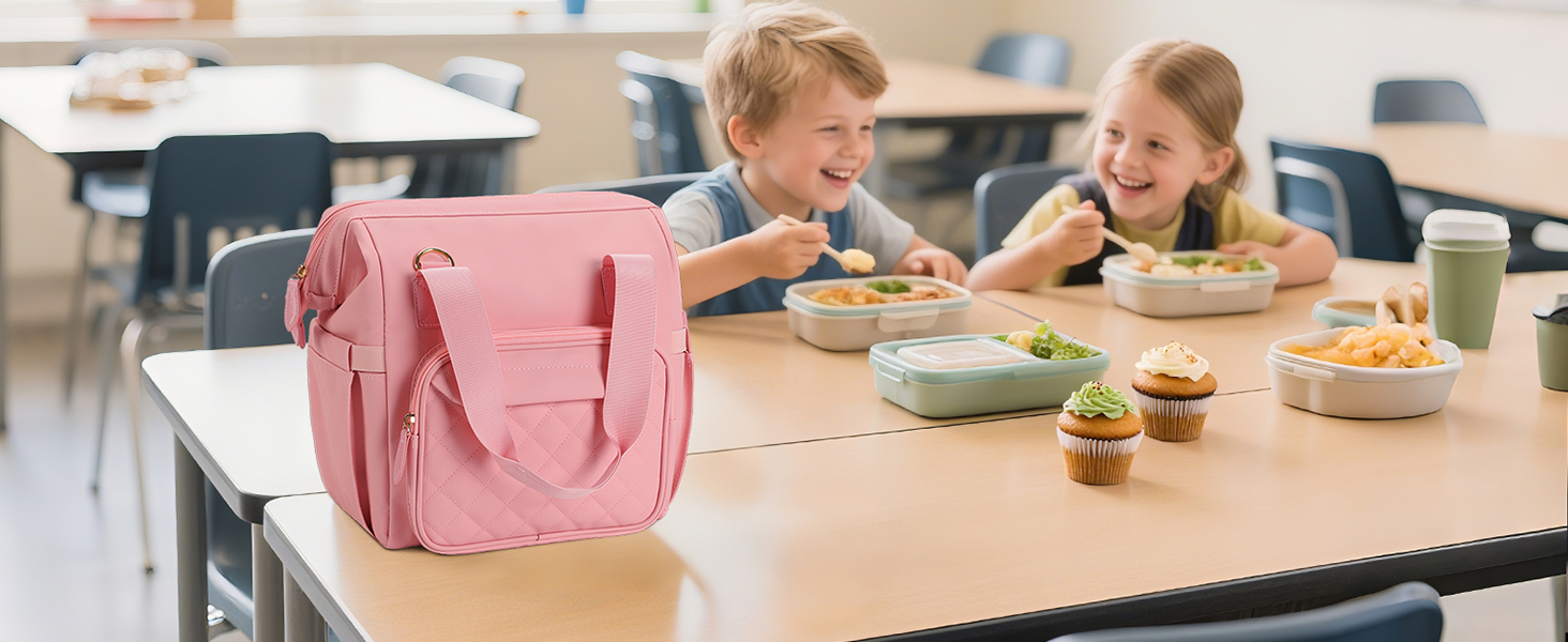 Сумка-холодильник 20 л, рожева: ізольована сумка-ланчбокс з PEVA-підкладкою, кілька відділень та плечовим ременем для роботи, школи, авто, пікніка