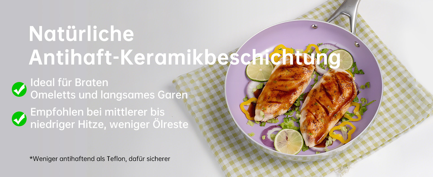 Набір антипригарних сковорідок Tjean з керамічним покриттям (без PTFE, PFOA, PFAS) з нержавіючою ручкою, підходить для індукційних, газових, електричних плит та духовки до 280°C (фіолетовий, 20+24+28 см)