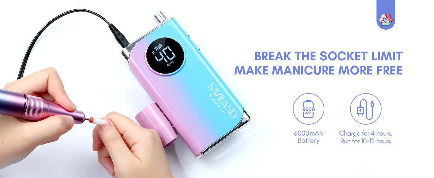 Електричний апарат для манікюру та педикюру Saviland 12 в 1, 40000 обертів/хв, USB, з набором фрез, блакитно-фіолетовий градієнт
