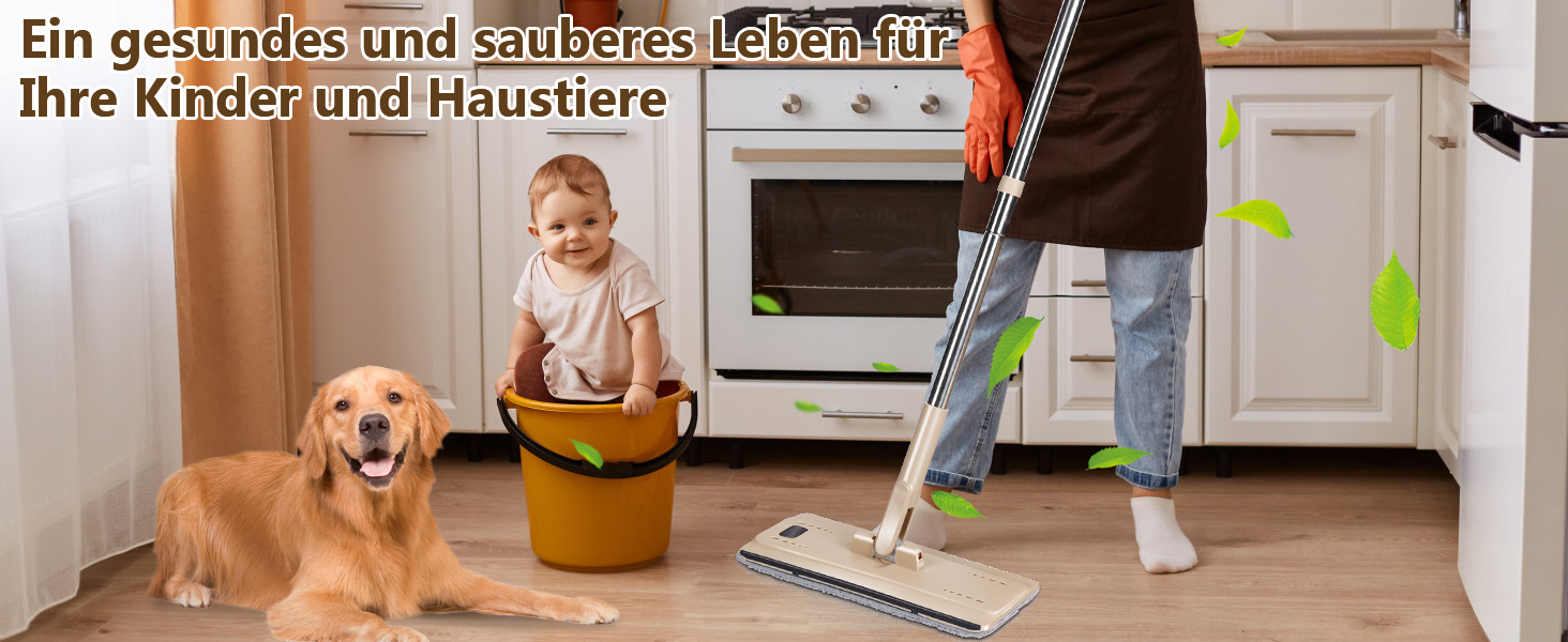 Набір для миття підлоги MASTERTOP з відром, моп з нержавіючою ручкою та 3 насадками, набір відра та мопа 2 в 1, плоский моп з функцією віджиму для ламінату, плитки (бежевий), комплект змінних насадок (3 шт.)