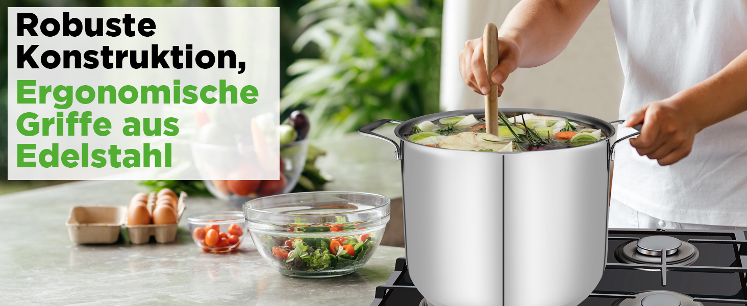 Каструля NutriChef 40 см, 14 л, з кришкою, нержавіюча сталь, для індукції, газу, електро, посудомийної машини, супова, для великих об'ємів