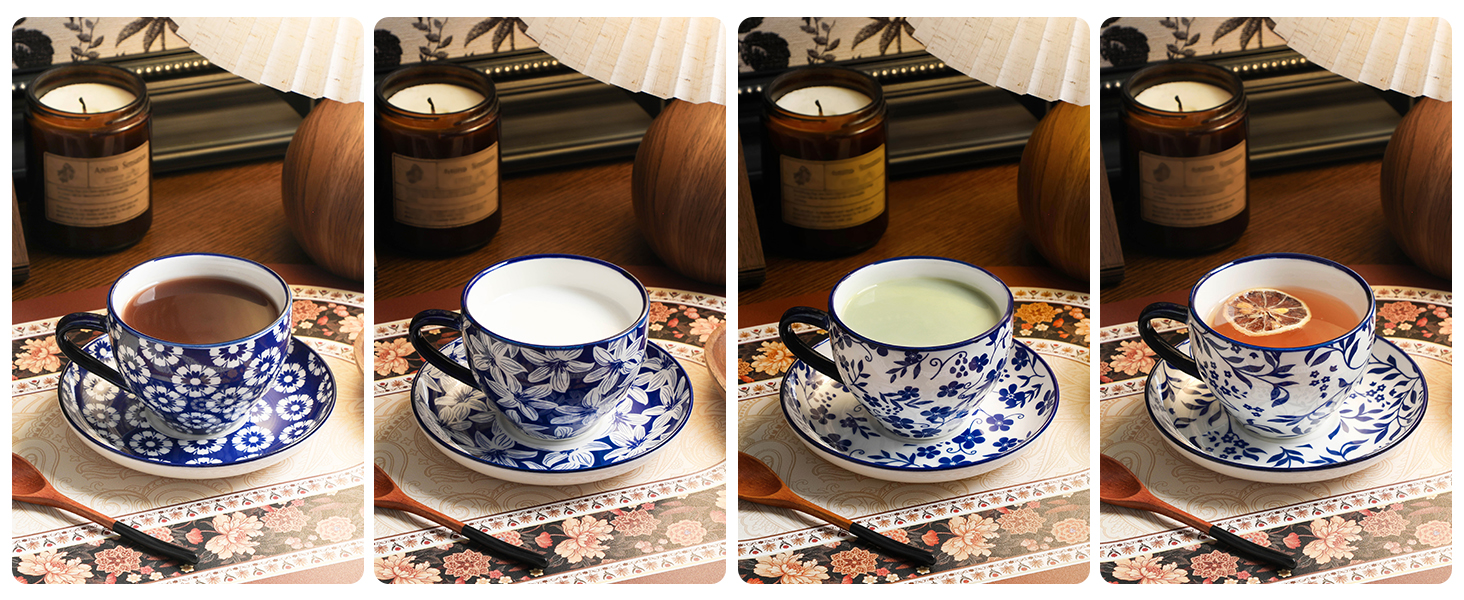 Набір кавових чашок капучіно Vancasso Selene 6 шт., 240 мл, блакитно-білий вінтажний дизайн, високоякісне фарфорове покриття, придатні для миття в посудомийній машині та використання в мікрохвильовій печі