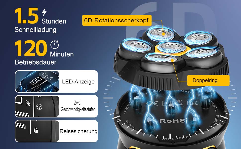 Електричний гоління для чоловіків, вологостійкий гоління для голови з зарядкою USB-C, магнітна система очищення та 120 хв роботи від акумулятора – ідеально для гоління голови та точного гоління короткого волосся, чорний