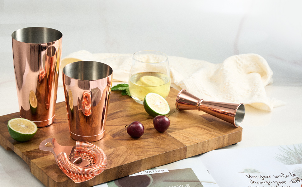 Барний набір Boston Shaker 4 предмети: шейкер 18/28 oz, нержавіюча сталь, барне сито, мірний стакан, у подарунковій коробці, рожеве золото — ідеально для домашнього бару