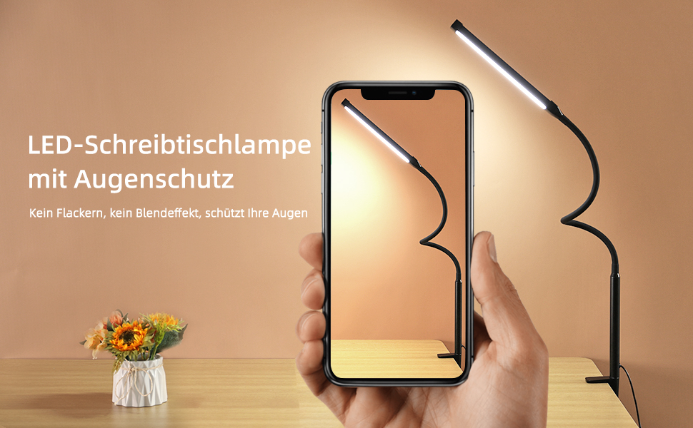LED лампа для столу з кріпленням, регульована яскравість, 3 кольори та 10 рівнів, захист для очей, чорна