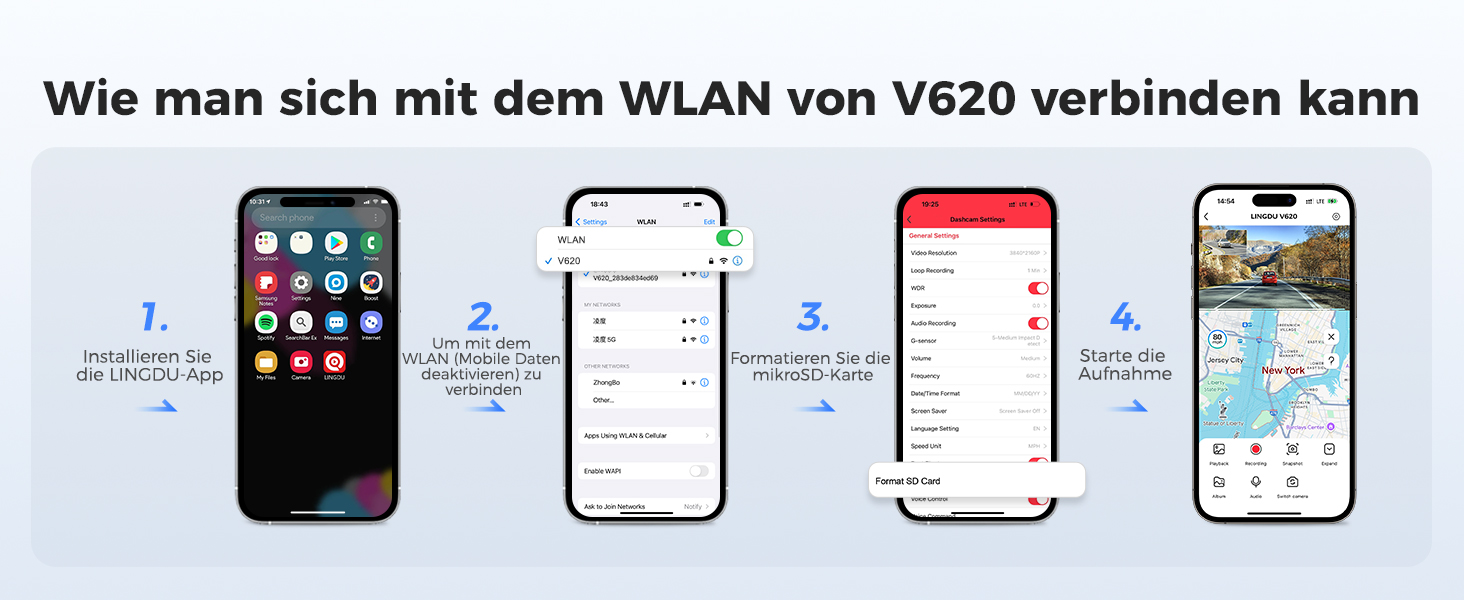 Відеореєстратор для авто Dashcam Auto Vorne Hinten 4K + 1080P з двома камерами, IPS-екран 2.4', SD 64GB, запис голосом, паркувальний режим, покращена нічна зйомка, WDR