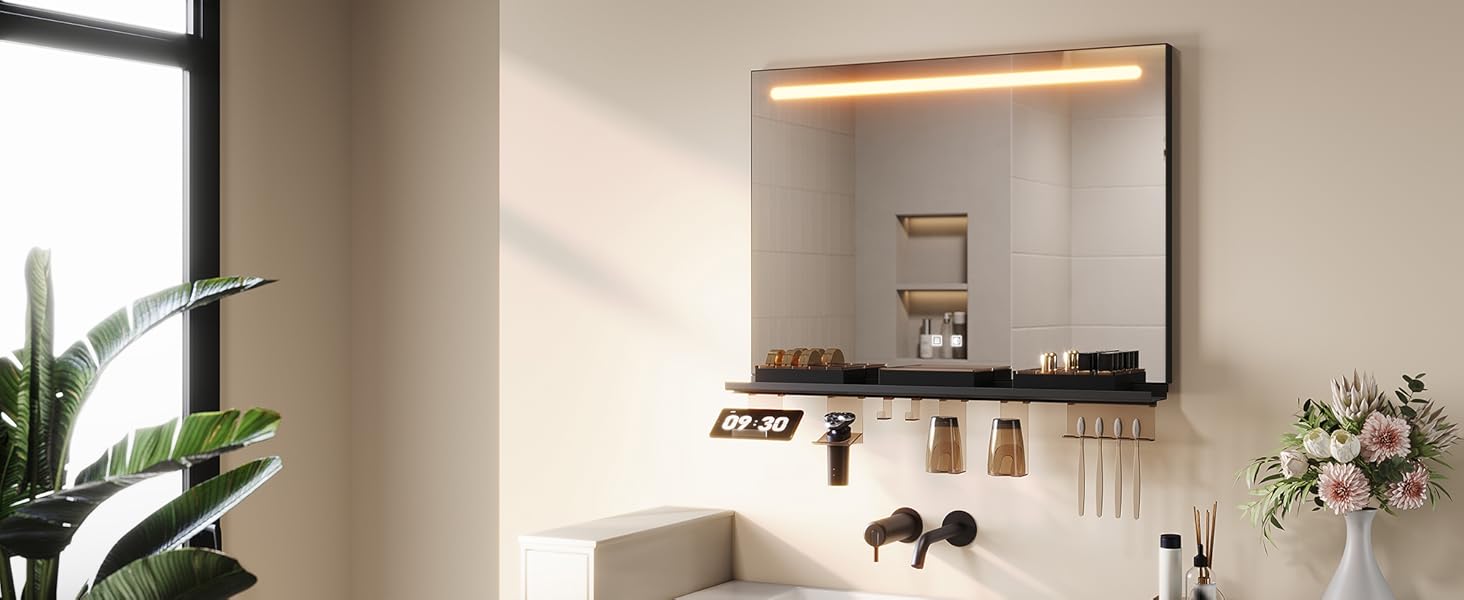 Дзеркало для ванної кімнати SONNI з підсвічуванням 120x60 см, 3 кольори світла, антизапар, годинник, температура, LED, сенсорне управління, білий (полиця 120L, темно-сірий + верхнє світло)