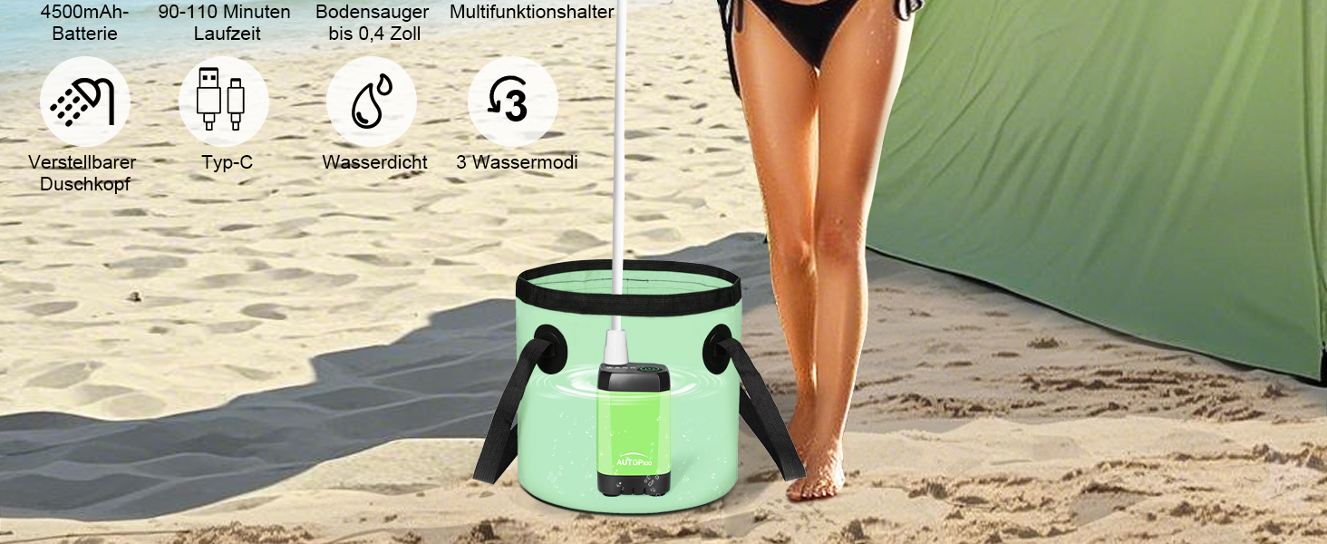 Портативна електродушова система Campingdusche з акумулятором 4500mAh, IPX7, дисплей, для кемпінгу, відпочинку на природі, автомийки, зелена