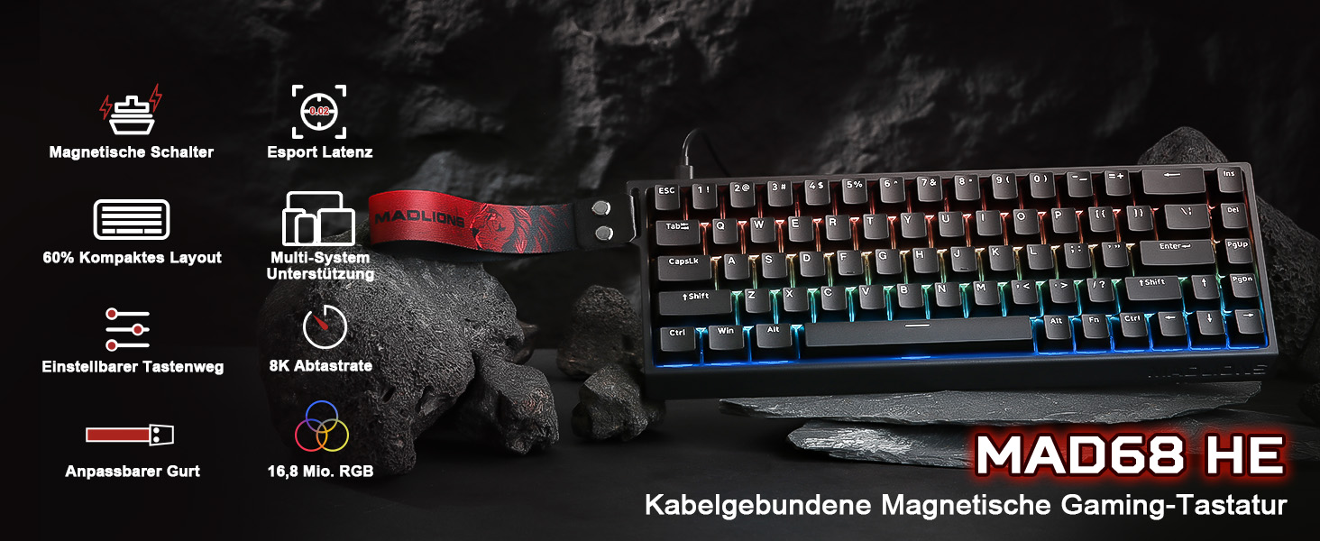 Механічна ігрова клавіатура YUNZII MADLIONS MAD68 з провідним підключенням, Hall Effect, PBT клавіші, RGB підсвічуванням, 8K polling rate (Black, Magnetic Amber Pro Switch)