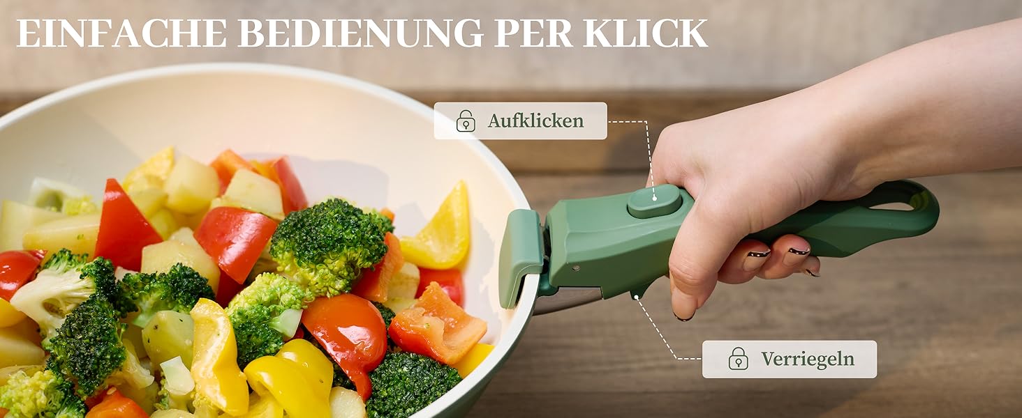 Набір посуду керамічний 23 предмети з антипригарним покриттям та знімними ручками, чорний. Підходить для всіх типів плит, включаючи індукційні. Сковороди 20/26 см, каструля 18 см, сотейник 24 см. Можна використовувати в духовці.