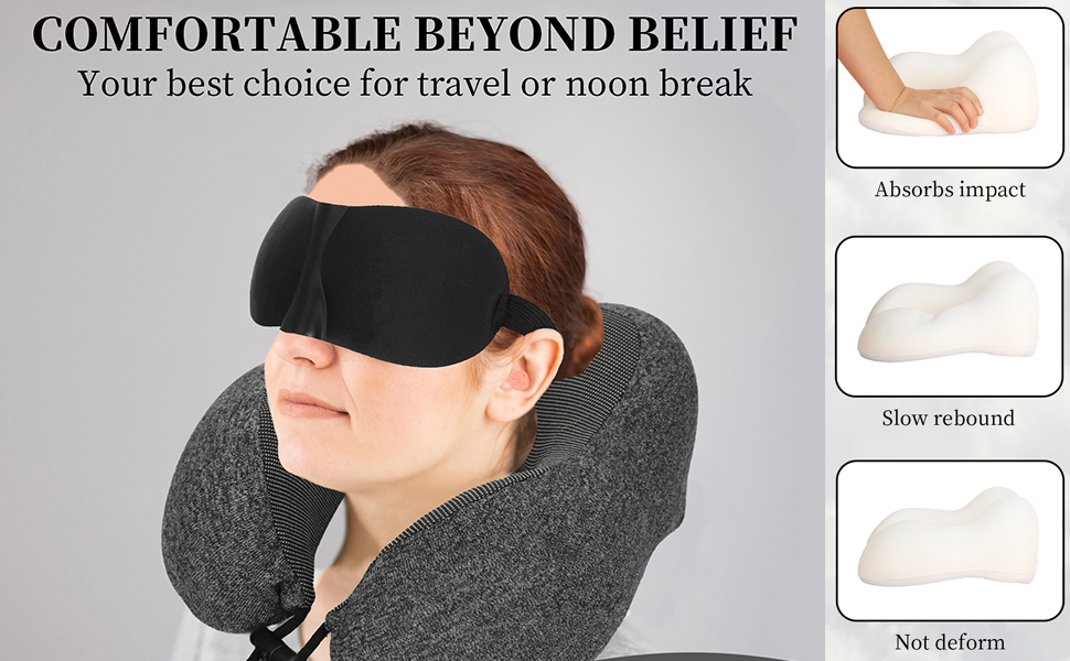 Подушка для шиї з Memory Foam, підтримка голови, набір для подорожей: маска для сну, навушники, чохол, м'яка подушка для сну в авто, літаку, офісі та вдома (Сірий)