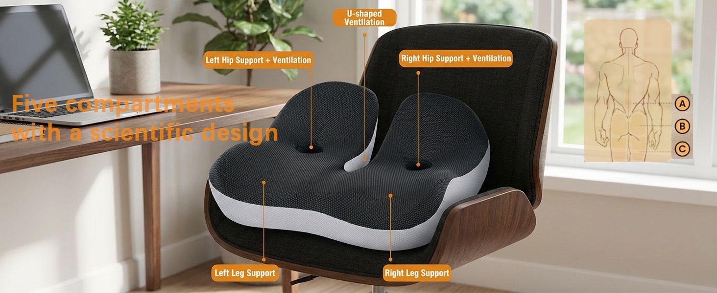 Ортопедична подушка для сидіння на стілець та в авто з Memory Foam - підтримка куприка, зняття болю при ішіасі, чорна