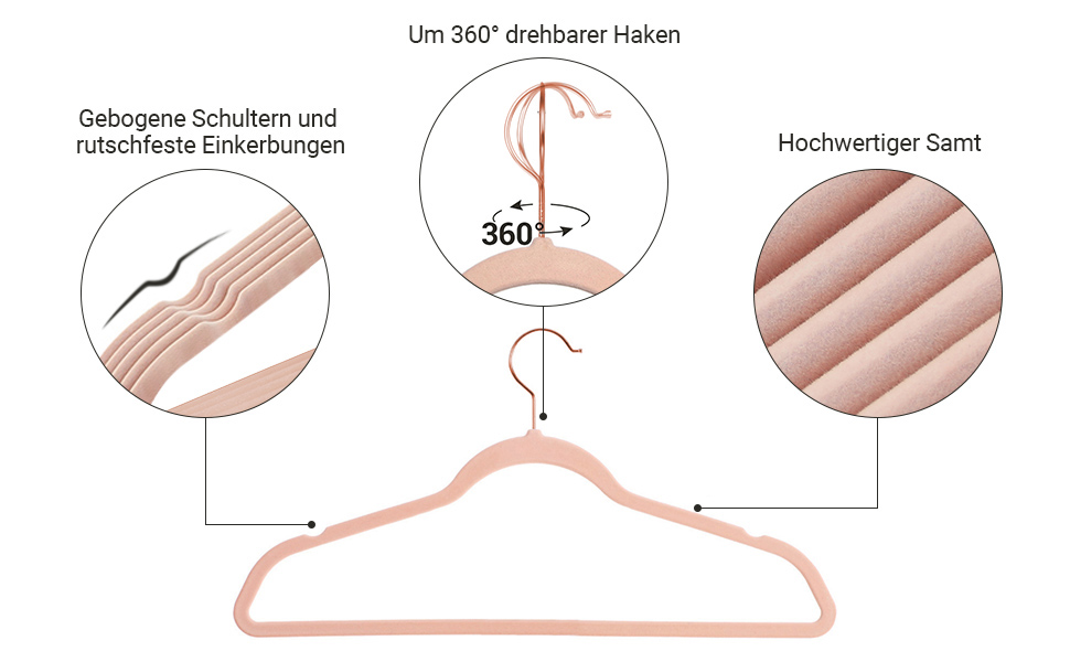 SONGMICS Плечики для одягу з оксамиту, 20 шт., для жакети, піджаки, костюми, 41,5 см, обертовий гачок 360°, білий, рожеве золото, CRF026W01 (рожевий)