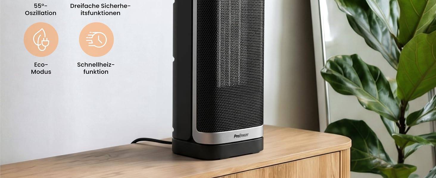 Керамічний тепловентилятор-товіль Pro Breeze ThermaCube Plus 2200W з термостатом, дистанційним керуванням та Eco-режимом, поворот 65°, захист від перекидання