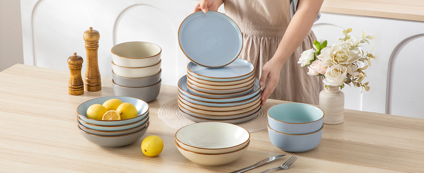 Набір посуду на 6 осіб Vancasso RENO 24-tlg: тарілки, супові тарілки, десертні тарілки, миски, комплект посуду з кераміки, 48 предметів