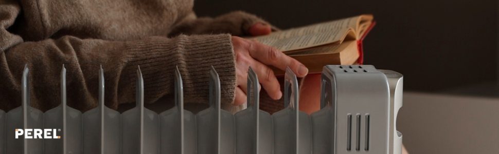 Масляний радіатор Perel 2500W з 11 ребрами, 3 режими, термостат, колеса, захист від перегріву та перекидання, тихий та енергоефективний для великих приміщень до 30 м²