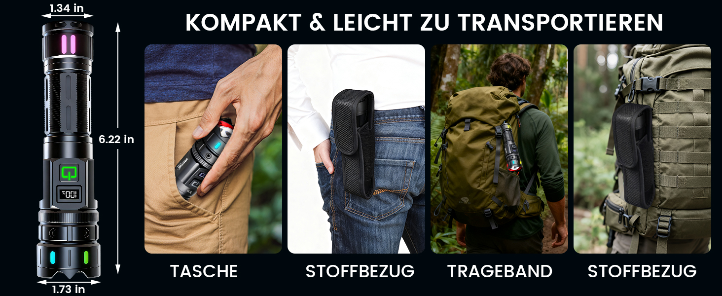 Ліхтар LED VASTFIRE 500000 люменів, тактичний, водонепроникний IP67, з LCD дисплеєм та магнітом, 30W, чорний