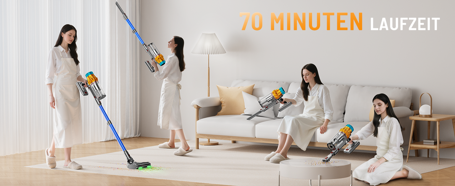 Бездротовий акумуляторний пилосос 600W з потужністю всмоктування 50KPA, 70 хвилин роботи, великий пилозбірник 1,8L, антизаплутана щітка, 8-рівнева фільтрація, підходить для твердих поверхонь, килимів та шерсті тварин, колір - блакитний