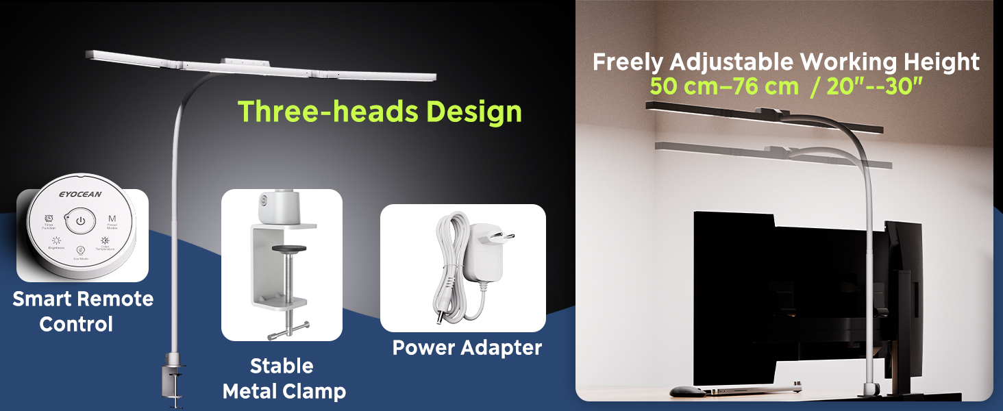 Стіл лампа з 3 джерелами світла, 24W, 100см, денне світло, з пультом керування, регульована яскравість, лампа для офісу та дому (Mattweiß)