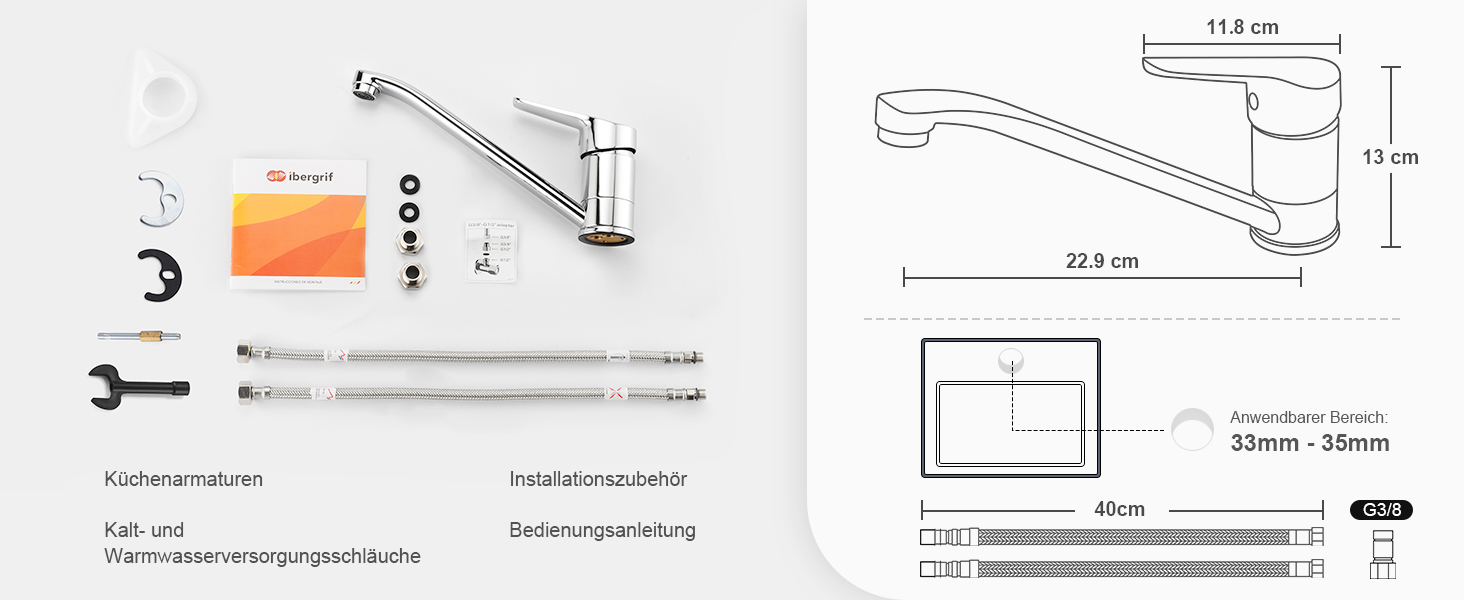 Змішувач для кухні Ibergrif M14450 з поворотним виливом 360°, керамічною картриджі та шлангами 40 см, хром/нержавіюча сталь
