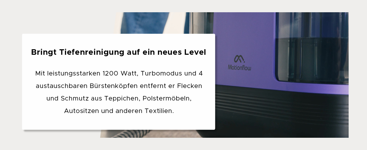 Теперішній мийний пилосос Motionflow з нагрівом - 1200W для килимів, меблів, авто. 4 насадки, самоочищення, 15с нагрів. Чорний