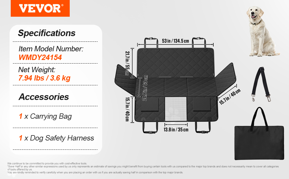 Автоматизована захисна накидка для собак VEVOR, 134,5 x 63 см, до 168 кг, з жорсткою основою, сітчастим вікном та сумкою для зберігання - для авто, SUV, вантажівки
