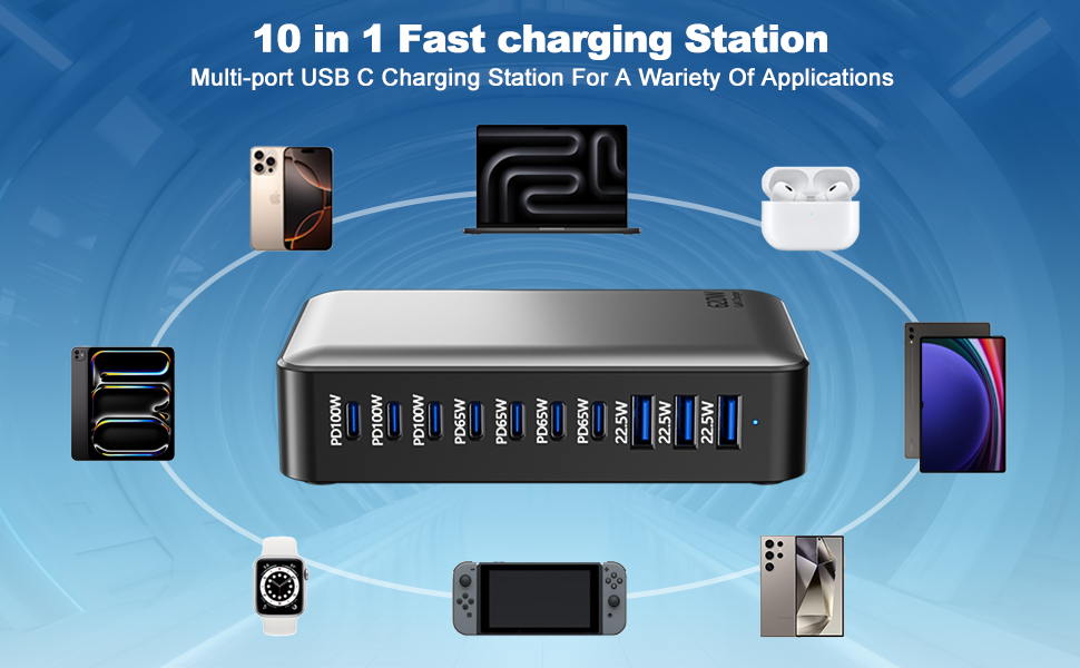 Зарядний пристрій USB-C 620W Gan: 10 портів (7xUSB-C + 3xUSB-A) для швидкої зарядки ноутбуків, iPhone, Samsung Galaxy, MacBook Pro/Air, Dell