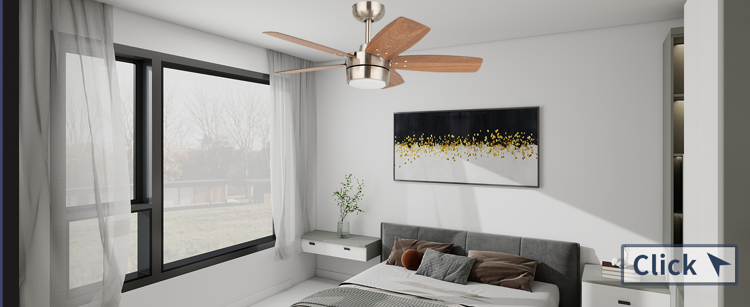 Стеляний вентилятор для маленьких кімнат: сучасний вентилятор з регульованим освітленням та дистанційним керуванням – реверсивний, тихий з 6 швидкостями для маленьких спалень - 230V (Бурштяне нікель+волоське дерево-007, 91 см)