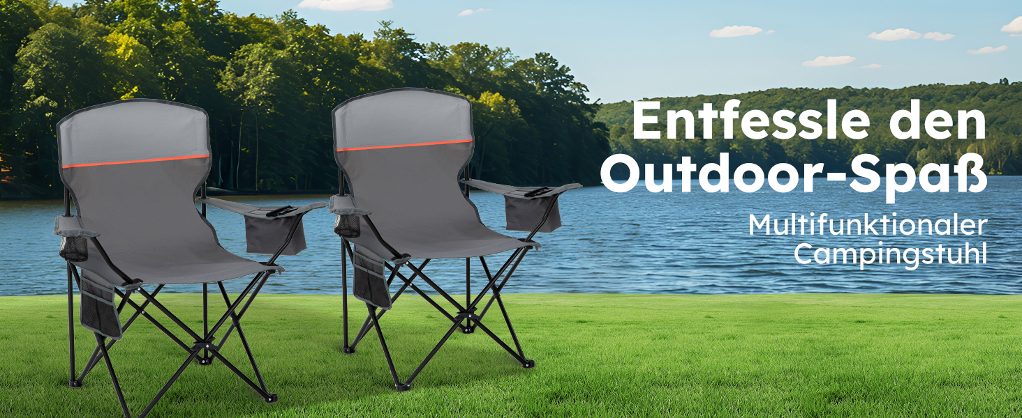 Набір 2 складаних стільців High Point Sports для кемпінгу, риболовлі та відпочинку з підсклянником та охолоджувачем (до 120 кг), сірий