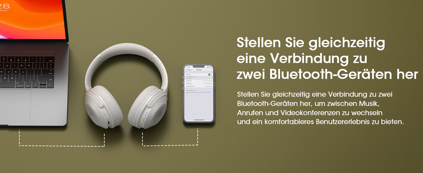 Бездротові навушники DOQAUS Bluetooth з тривалим часом роботи (70 годин), Over-Ear, Bluetooth 5.4, Hi-Fi стерео для подорожей, телефону та ПК (світло-сірий)