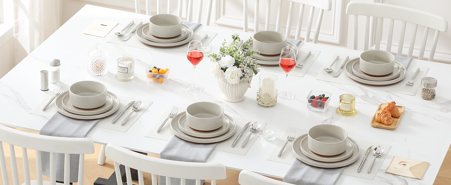 MALACASA Набір посуду з каменю 18 предметів для 6 осіб, керамічний сервіз з глазур'ю Сезам, набір тарілок та мисок, білий з коричневою основою, білий