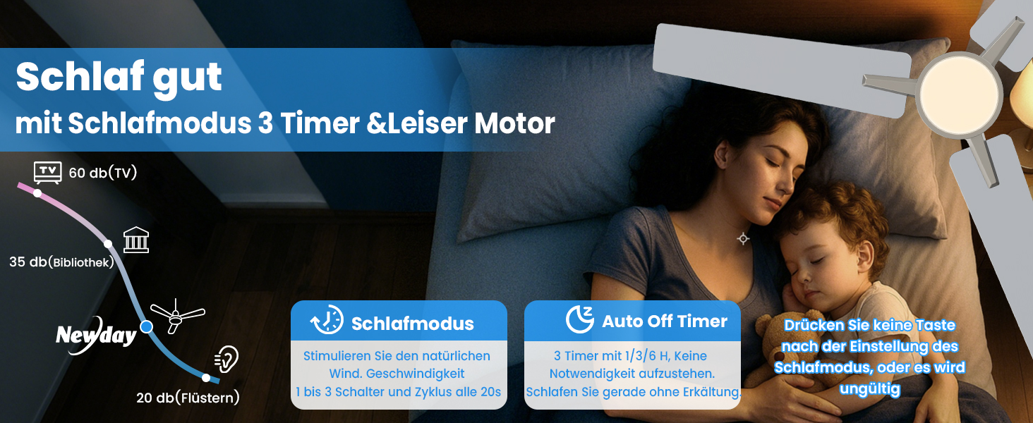 Стеляний вентилятор Newday білий, 122 см з підсвіткою та пультом керування. Безшумний вентилятор для стелі з лампою, регульована яскравість, DC мотор, реверсивний для спальні та вітальні (107-silber-holz)