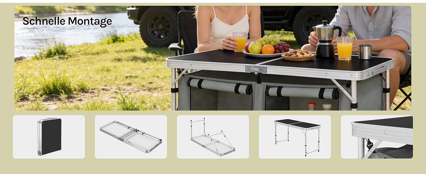 Складний алюмінієвий кемпінговий стіл-шафа WOLTU з регульованою висотою, чорно-сірий. Меблі для пікніка, пляжу, саду.