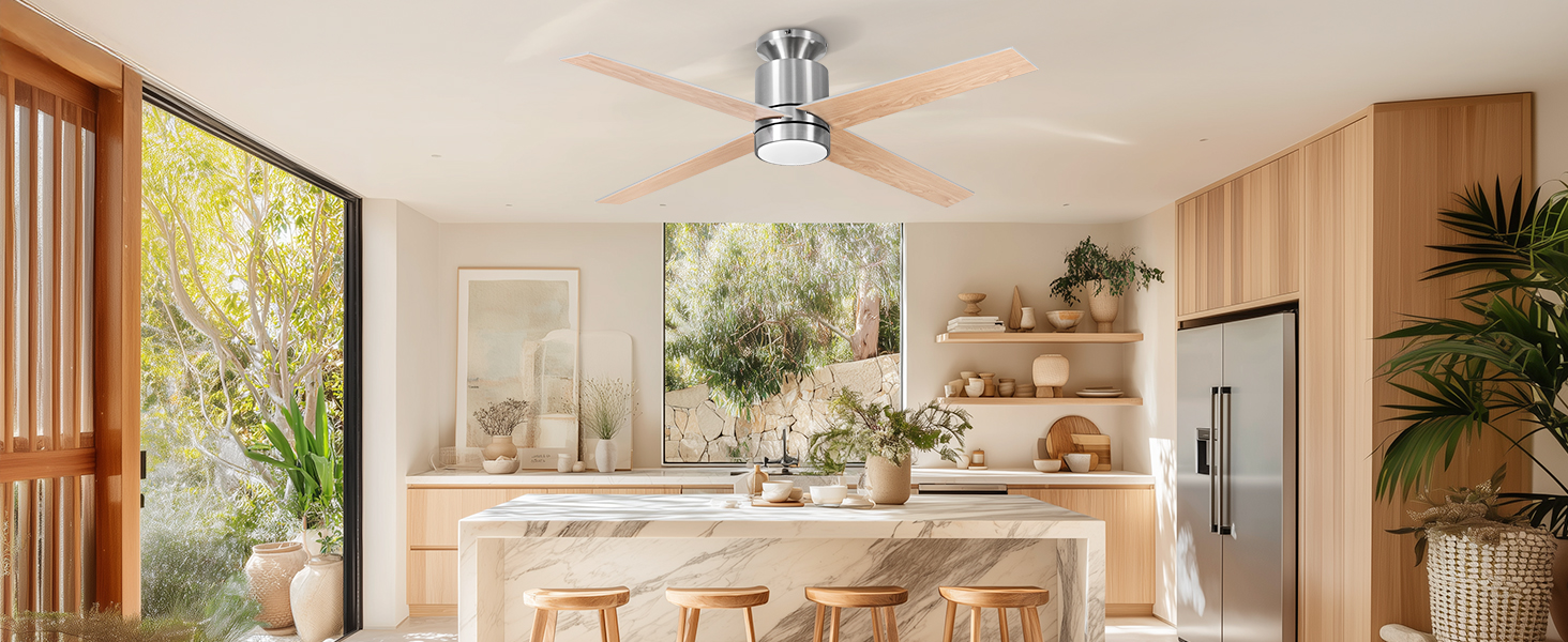 Стеляний вентилятор Ohniyou з підсвічуванням та пультом керування – 96,5 см (38 дюймів). Тихий, димування, для спальні, тераси, внутрішнього/зовнішнього використання (нікель, сучасний)