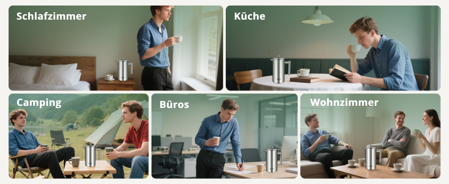 Френч-прес для кави 1L з нержавіючої сталі, термоізольований, з подвійними стінками та 5 фільтрами