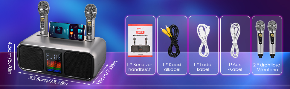 Караоке Машина з 2 Бездротовими Мікрофонами, Bluetooth Колонка з Сенсорним Екраном, LED-підсвічуванням та Підставкою для Телефону, Караоке Колонка для Дітей з USB/TF/AUX (Срібна)