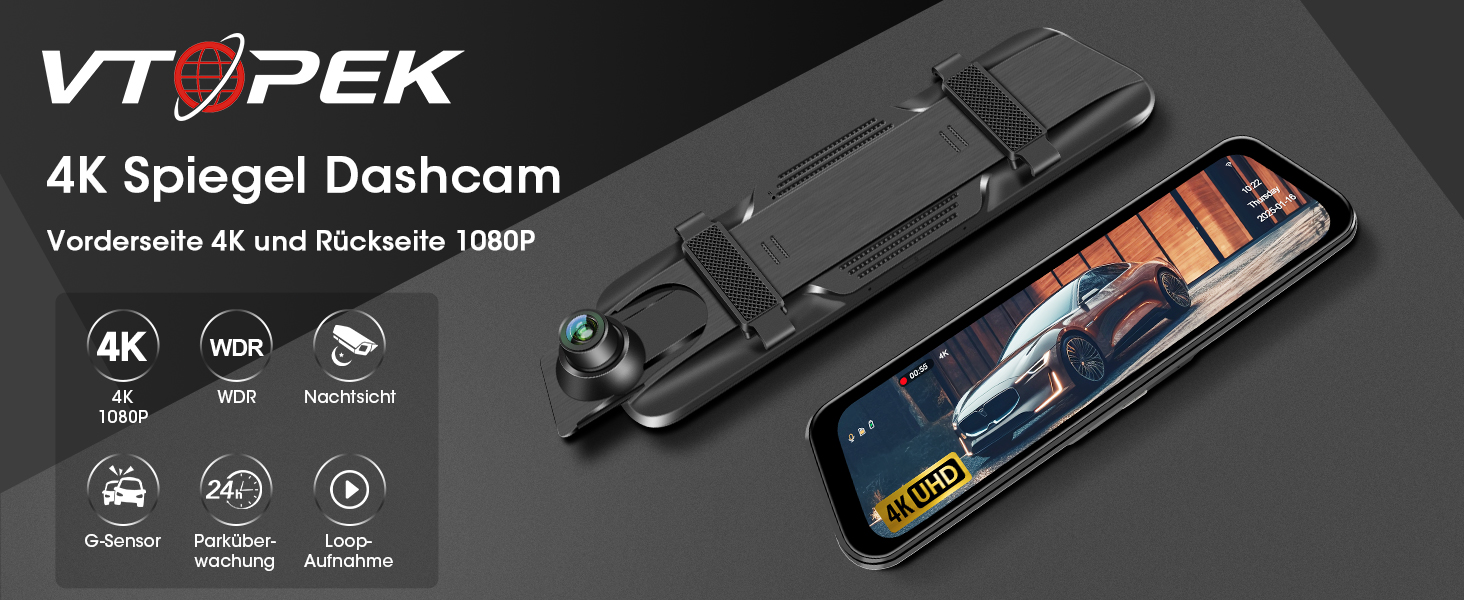 Відеореєстратор Vtopek 4K WiFi дзеркало з камерою заднього виду, 10
